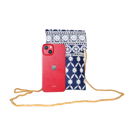 Navy Blue Floral Design Cotton Clutch Bag with Mirror Work and Gold Chain